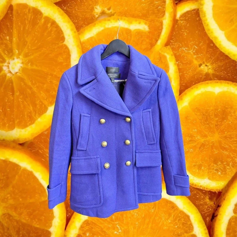 J. Crew Stadium Cloth Double Breasted Pea Coat Royal‎ Blue Gold Buttons Size 0 - Picture 2 of 8